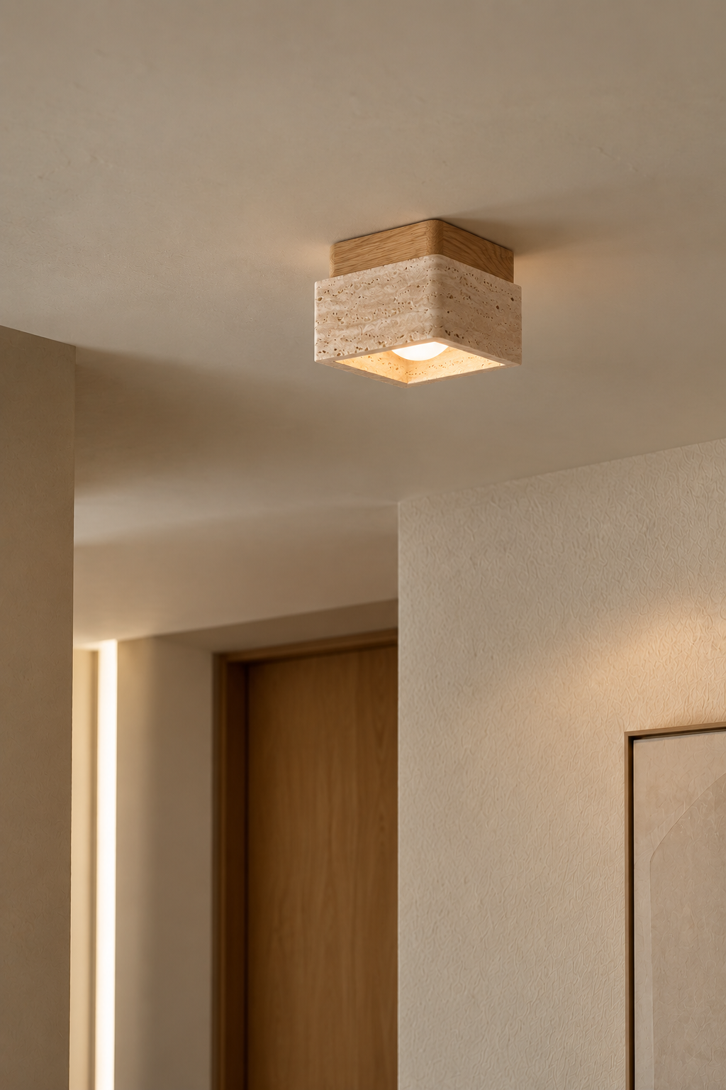 Mito | Travertine vierkante eiken plafondlamp